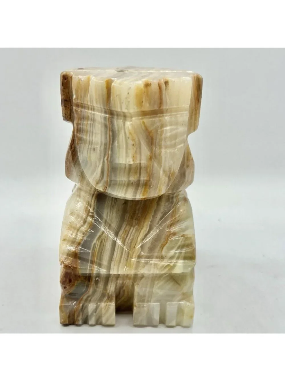 Vintage Onyx Stone Tiki Style Bookends Carved Banded Calcite Mid Century Pair